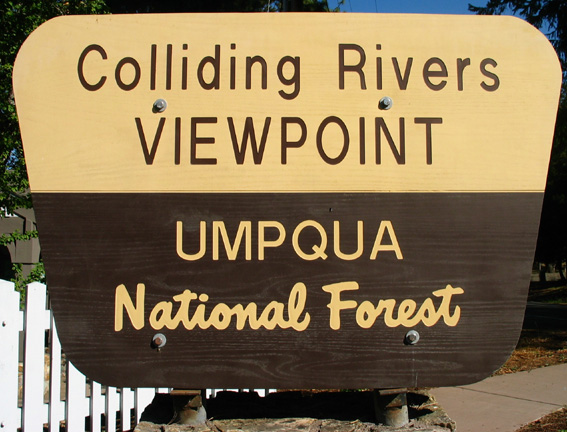 Colliding Rivers Viewpoint, Umpqua National Forest sign.